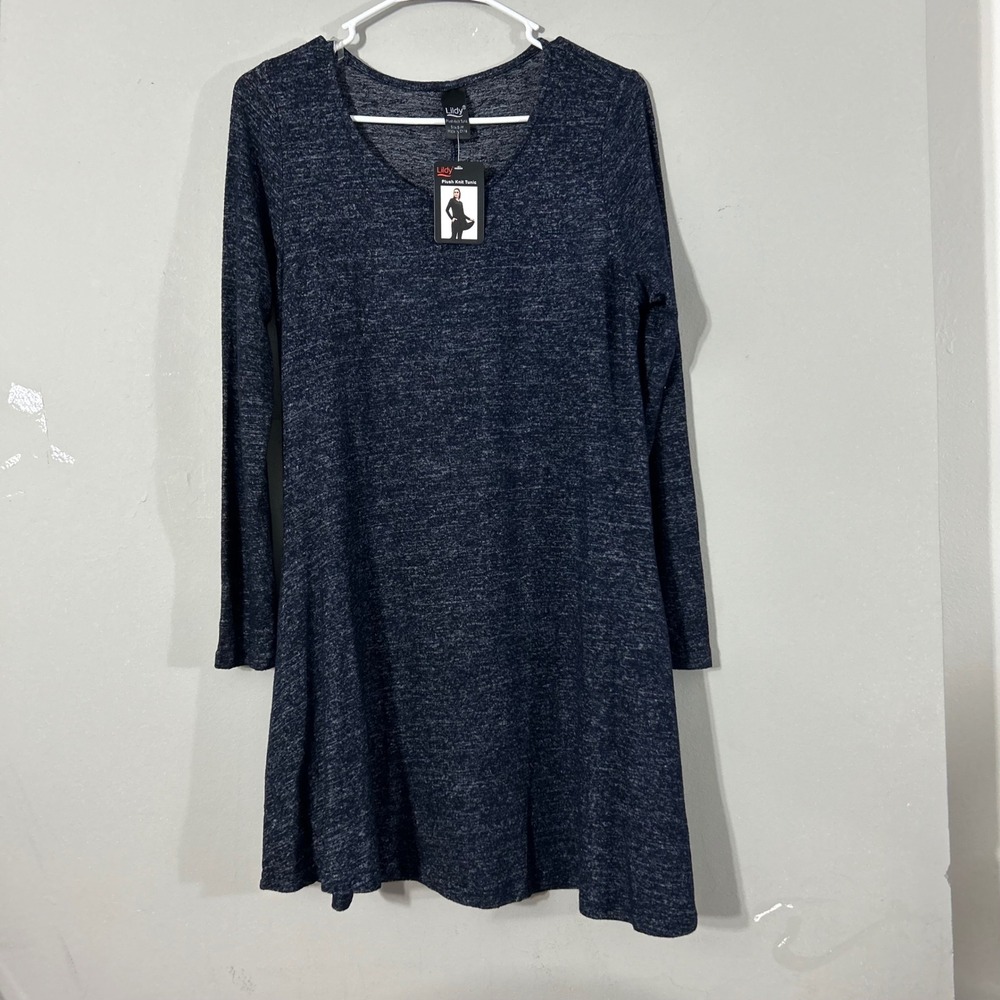 Lildy Plush Knit Tunic Dress Navy‎ Blue Heathered Long Sleeve V-Neck S-M